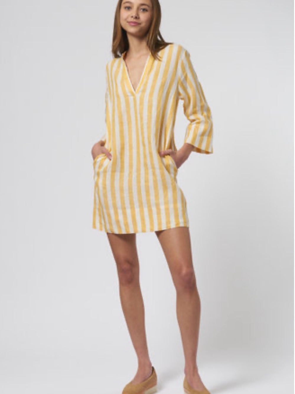 🆕Trovata Lucca 100% Linen Shirtdress in Yellow Stripe - Picture 2 of 12